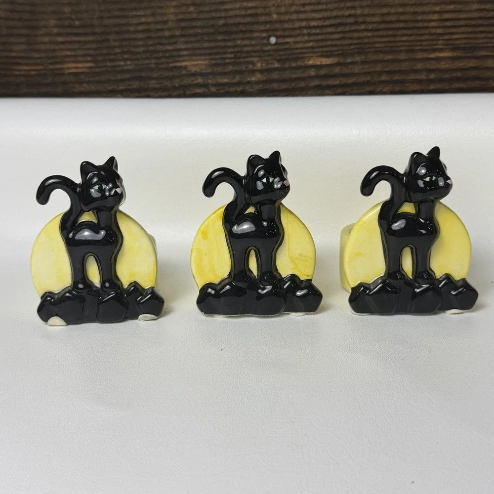 Black KITTY Cat Yellow Moon Tea Light Holder Halloween Pink Nose Set Of 3